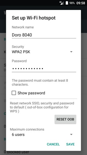 Enter a Wi-Fi hotspot password of at least 8 characters and select SAVE