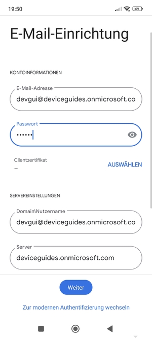 Geben Sie Benutzername und Exchange Server-Adresse ein. Wählen Sie Weiter