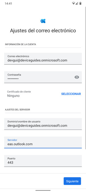 Introduzca Nombre de usuario y la dirección de servidor Exchange. Seleccione Siguiente