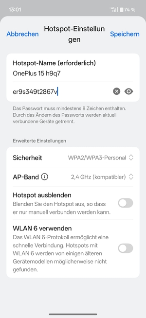 Geben Sie eine WLAN-Hotspot-Passwort mit mindestens 8 Zeichen ein und wählen Sie Speichern