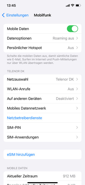 Wählen Sie Mobiles Datennetzwerk