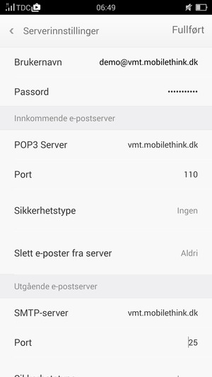 Skriv inn Brukernavn og innkommende serveradresse