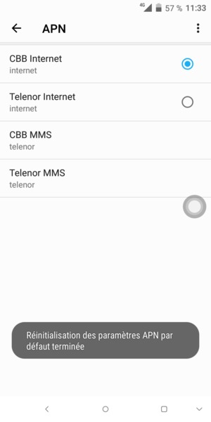 Votre téléphone va être réinitialisé avec les paramètres Internet et MMS par défaut