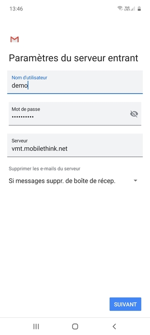 Saisissez votre Nom d'utilisateur et l'adresse du serveur entrant. Sélectionnez SUIVANT