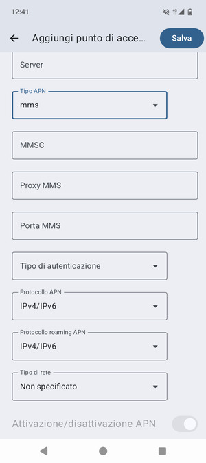 Scorri verso il basso e inserisci le informazioni degli MMS
