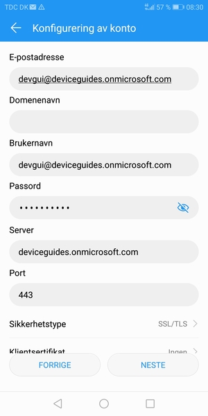 Skriv inn Exchange-serveradresse og velg NESTE