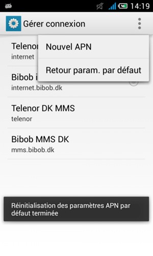 Votre téléphone va être réinitialisé avec les paramètres Internet et MMS par défaut