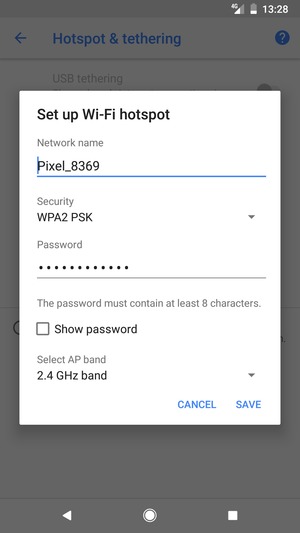 Enter a Wi-Fi hotspot password of at least 8 characters and select SAVE