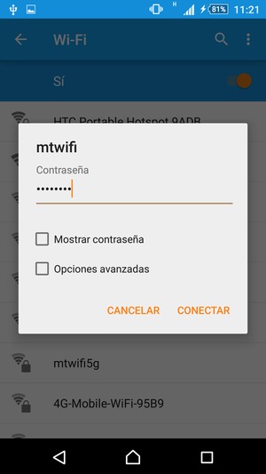 Introduzca la contraseña de Wi-Fi y seleccione CONECTAR