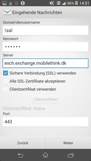 Geben Sie Benutzername und Exchange Server-Adresse ein. Wählen Sie Weiter