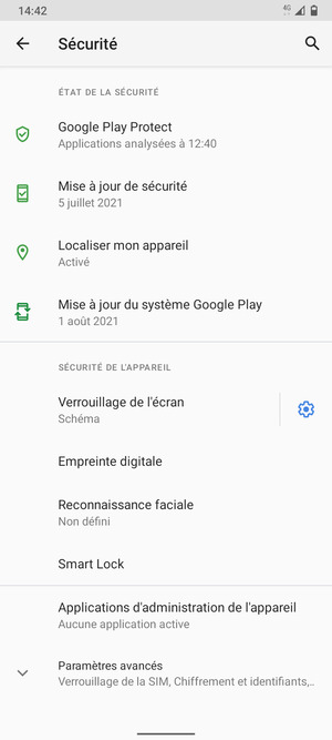 Pour modifier le code PIN de la carte SIM, faites défiler et sélectionnez Paramètres avancés