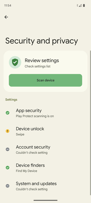 To activate your screen lock, go to the Security and privacy menu and select Device unlock