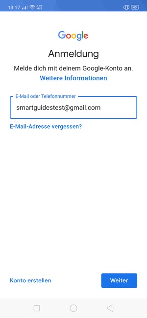 Geben Sie Ihre Gmail Adresse ein und wählen Sie Weiter