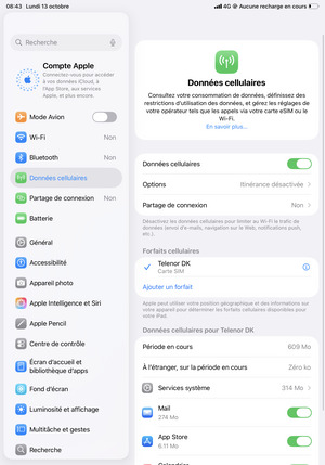 Pour modifier le code PIN de la carte SIM, sélectionnez Données cellulaires et sélectionnez l'icône Information