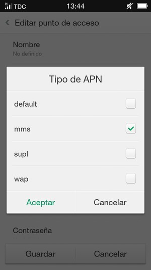 Marque la casilla de verificación mms y seleccione Aceptar