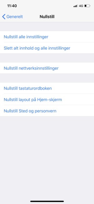 Velg Slett alt innhold og alle innstillinger