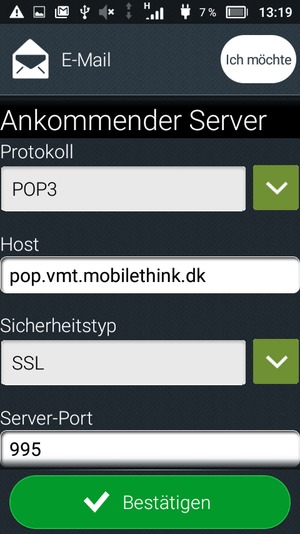 Geben Sie die Server-Adresse für eingehende Post ein