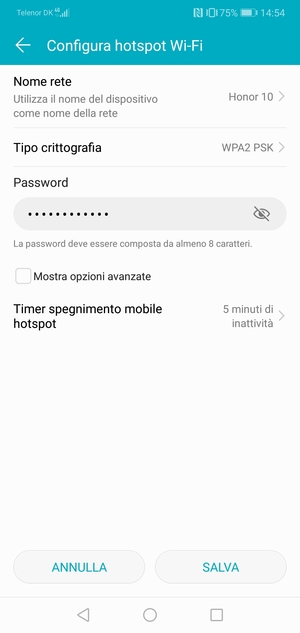 Inserisci una password dell'hotspot Wi-Fi di almeno 8 caratteri e seleziona SALVA
