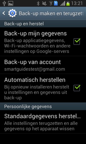 Selecteer Back-up van account