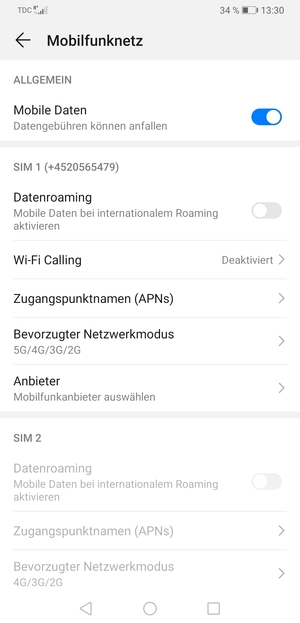 Scrollen Sie zu SIM 1 oder SIM 2 und wählen Sie Bevorzugter Netzwerkmodus