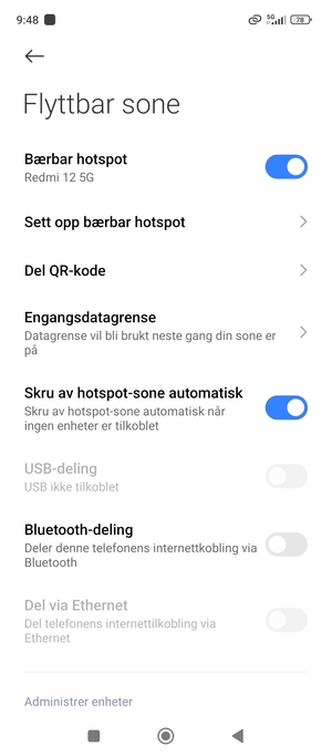 Telefonen din er konfigurert for bruk som et modem