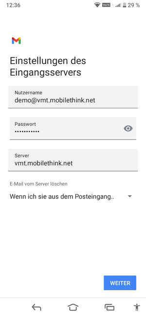 Geben Sie Benutzername und die Server-Adresse für eingehende Post ein. Wählen Sie WEITER