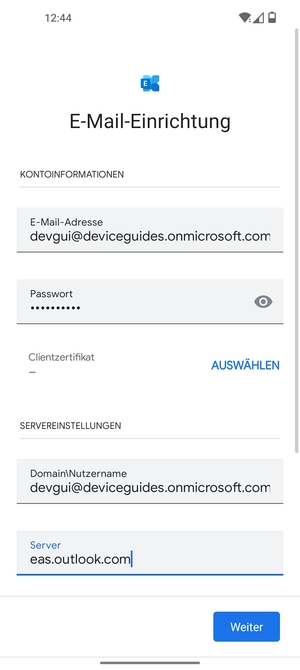 Geben Sie Benutzername und Exchange Server-Adresse ein. Wählen Sie Weiter
