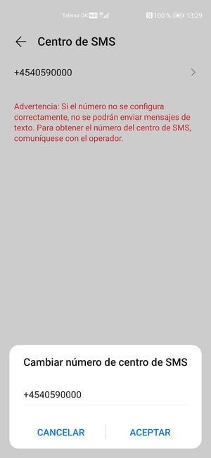 Introduzca el Número de centro de SMS y seleccione ACEPTAR