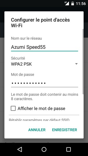 Saisissez un mot de passe de hotspot Wi-Fi d'au moins 8 caractères et sélectionnez ENREGISTRER