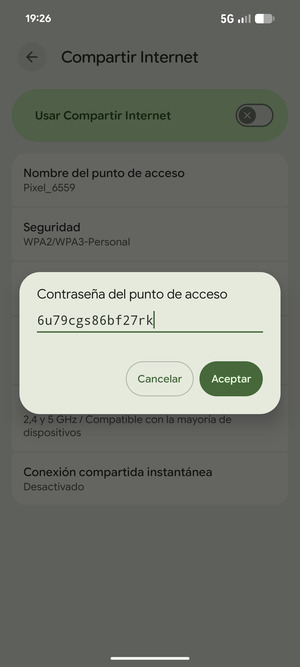 Introduzca una contraseña de punto de acceso Wi-Fi de al menos 8 caracteres y seleccione Aceptar
