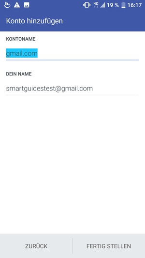 Geben Sie Ihrem Konto einen Namen und geben Sie Ihren Namen ein. Wählen Sie FERTIG STELLEN