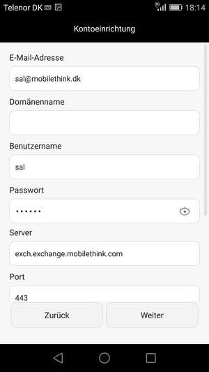 Scrollen Sie nach unten und geben Sie die Exchange Server-Adresse ein. Wählen Sie Weiter