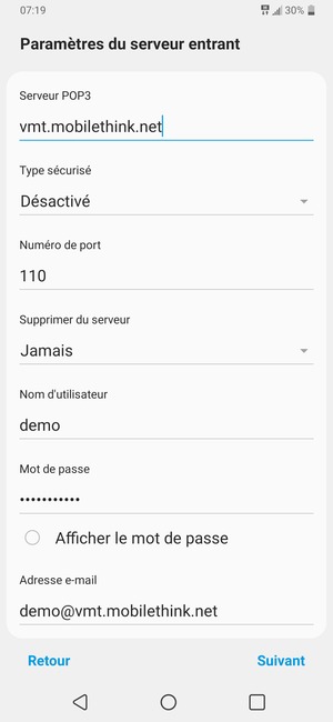 Saisissez l'adresse du serveur Entrant et le Nom d'utilisateur. Sélectionnez Suivant