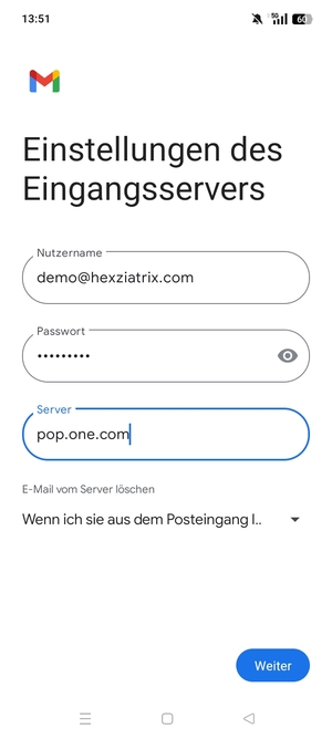 Geben Sie Benutzername und die Server-Adresse für eingehende Post ein. Wählen Sie Weiter