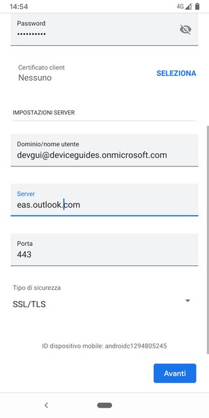 Inserisci Nome utente e l'indirizzo del server Exchange. Seleziona Avanti