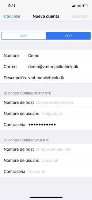 Seleccione POP o IMAP e introduzca la información de correo electrónico para SERVIDOR CORREO ENTRANTE