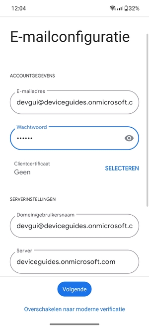 Voer Gebruikersnaam en Exchange serveradres in. Selecteer Volgende