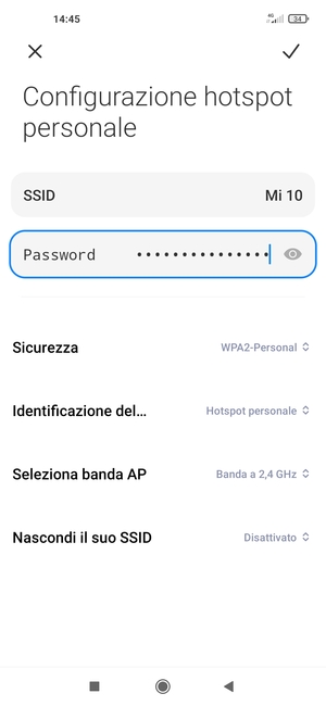 Inserisci una password dell'hotspot Wi-Fi di almeno 8 caratteri e seleziona SALVA