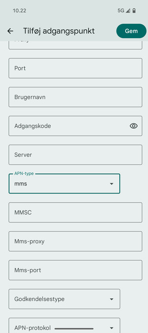 Scroll ned og indtast MMS-oplysninger