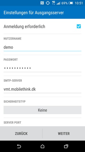 Geben Sie die Server-Adresse für ausgehende Post ein