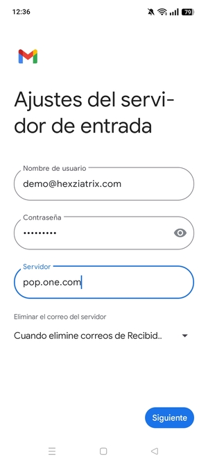 Introduzca Nombre de usuario y la dirección de servidor entrante. Seleccione Siguiente