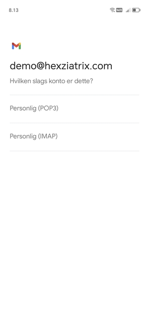Vælg Personlig (POP3) eller Personlig (IMAP)
