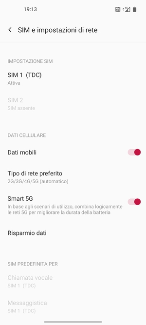 Seleziona SIM 1 o SIM 2