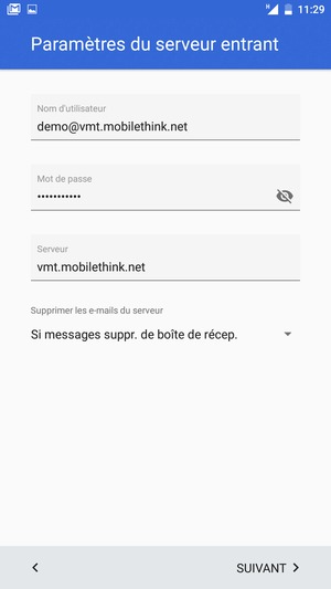 Saisissez votre Nom d'utilisateur et l'adresse du serveur entrant. Sélectionnez SUIVANT