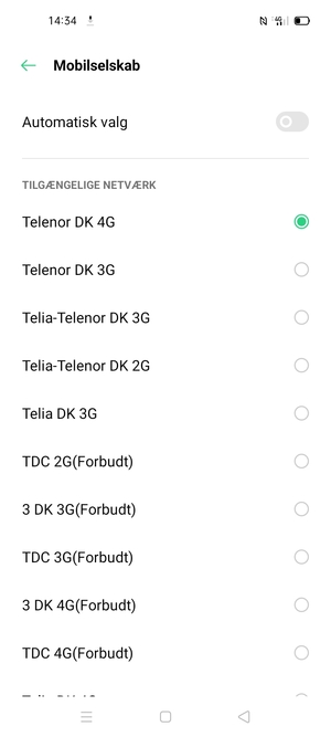 Vælg en netværksudbyder fra listen