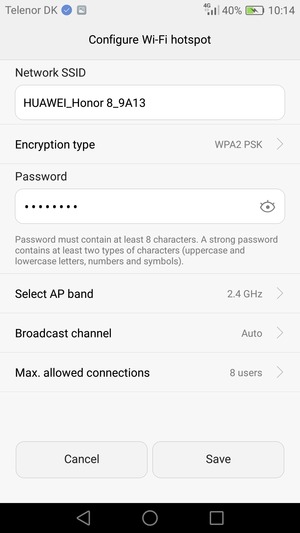 Enter a Wi-Fi hotspot password of at least 8 characters and select Save
