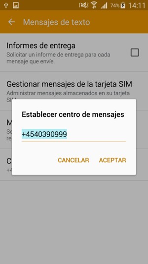 Introduzca el número de Centro de mensajes y seleccione ACEPTAR