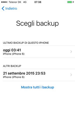 Seleziona l'ultimo backup dall'elenco e poi Ripristina