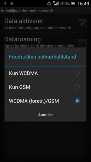 Vælg Kun GSM for at aktivere 2G