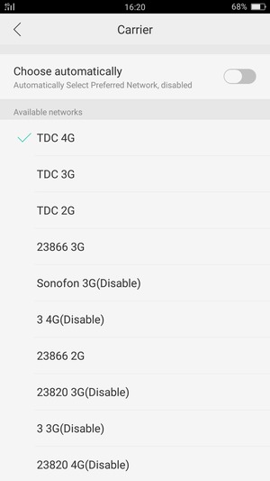 Select a network operator from the list